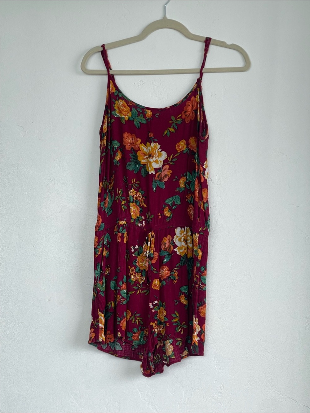 Ambiance Burgundy Floral Tank Romper with Green & Yellow Blooms